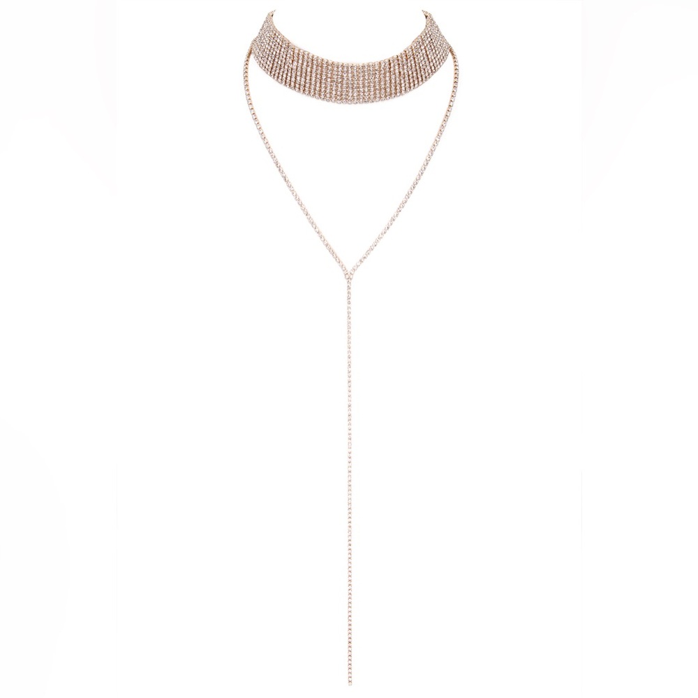 Crystal Choker Lariat Statement Necklace - Rose Gold, Silver or Black